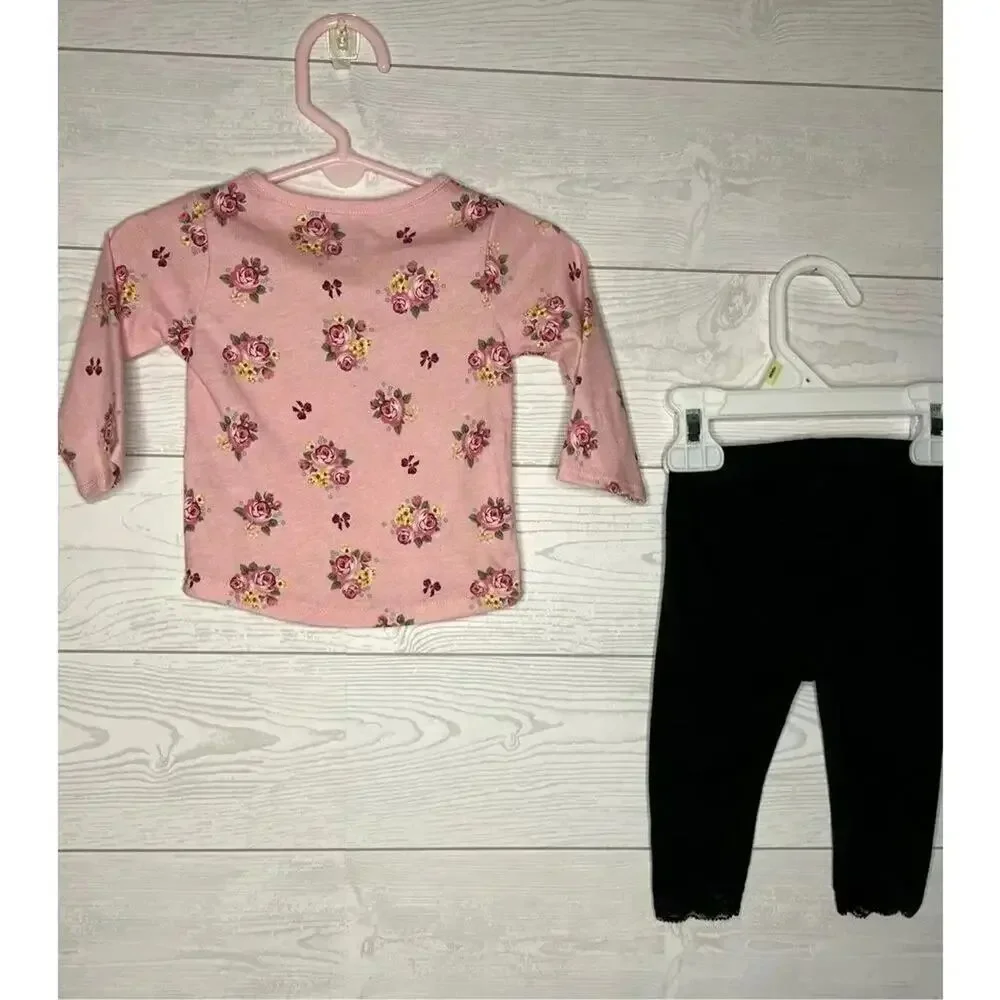 Garanimals pink floral long sleeve top/ solid black leggings size 3-6 months